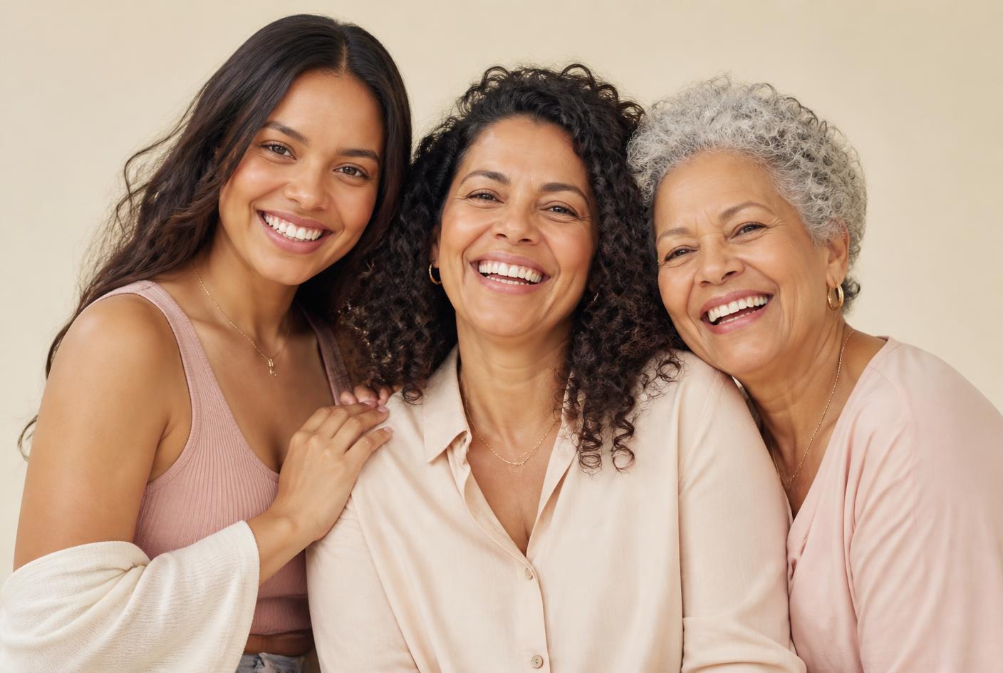Três mulheres de idades diferentes sorrindo juntas